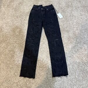 AGOLDE Jeans Womens 23 Black Criss Cross Straight High Rise Distressed Raw Hem